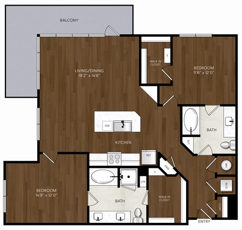 Floor plan for 2 beds, 2 baths, 1267 sqft